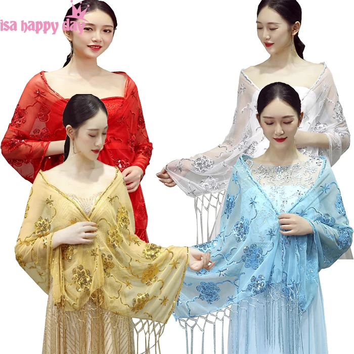 New Women Cheongsam Red Gold Blue Evening Wraps Shawls Sequin Lace Wrap with Long Tassel Formal Wedding Party Ladies Bolero