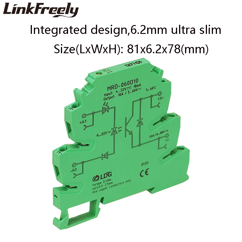 MRD-060D10 10A Mini LED Indicator SSR Solid State Relay DC DC Input: 5V 12V 24VDC Interface Voltage Switch Relay Module Din Rail