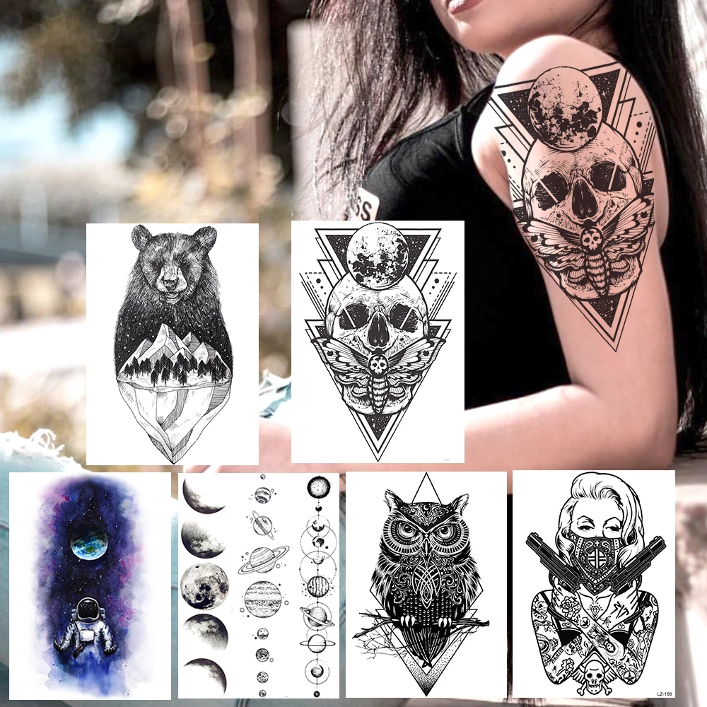 Creative Death Skull Temporary Tattoos Sticker For Women Men Body Art Arm Tatoos Fake Geometric Black Planets Owl Ganster Tattoo