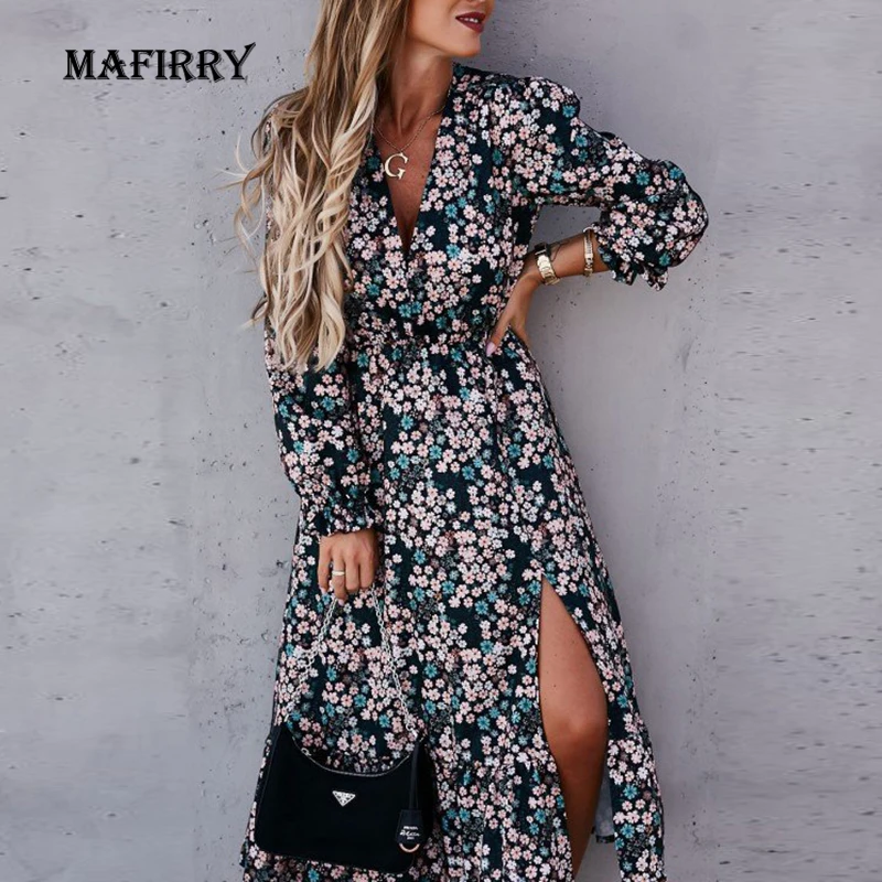 Women Sexy Split Fork Floral Print Dress Summer Ladies V-Neck Elegant Large Size Long Sleeve Dress Office Lady Dresses Vestidos