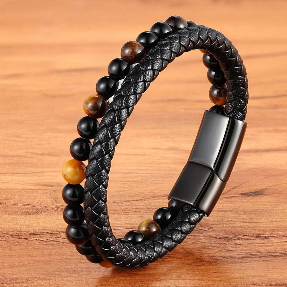 TYO New Arrival Men Bracelet Natural Stone Beads Double Layer Leather Bracelet Stainless Steel Magnetic Clasp Bangle Jewelry