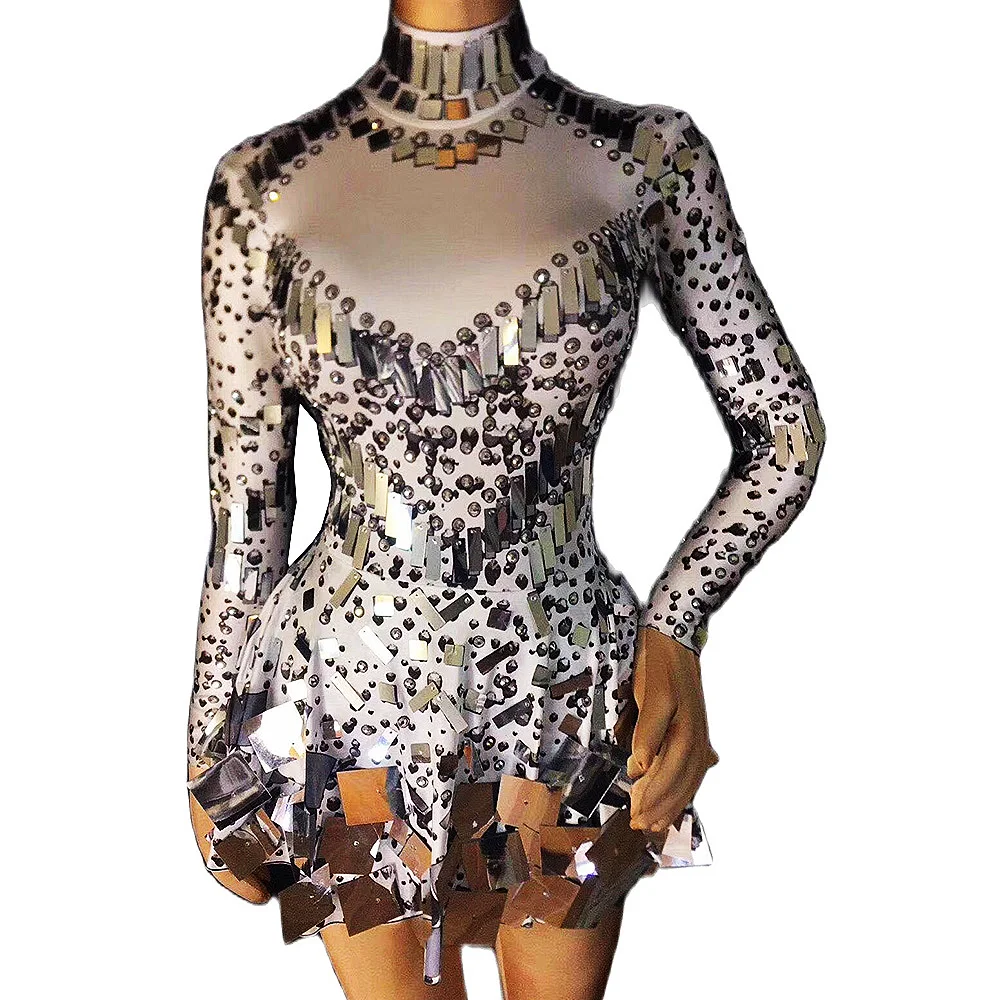 Nightclub Women Singer Long Sleeve Short Dress Silver Sequins Mirror Dress Evening Birthday Celebrate Costumes Stage Dance Wear