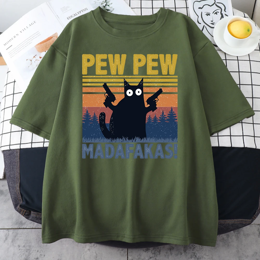 Pew Madafakas Black Cat Print Male Cotton Tee Clothing Personality Vintage Cotton T-Shirts Casual Trend Tops Mens Short Sleeve