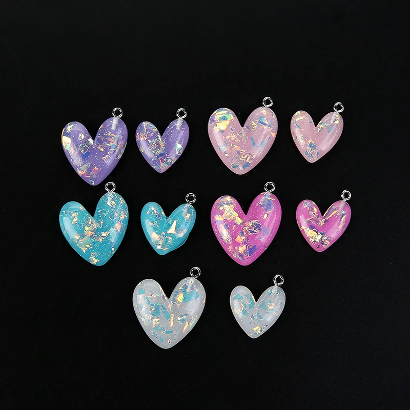 10Pcs Cute Flatback Resin Glitter Heart Pendant For DIY Jewelry Fashion Earrings Findings Necklace Charm Accessories