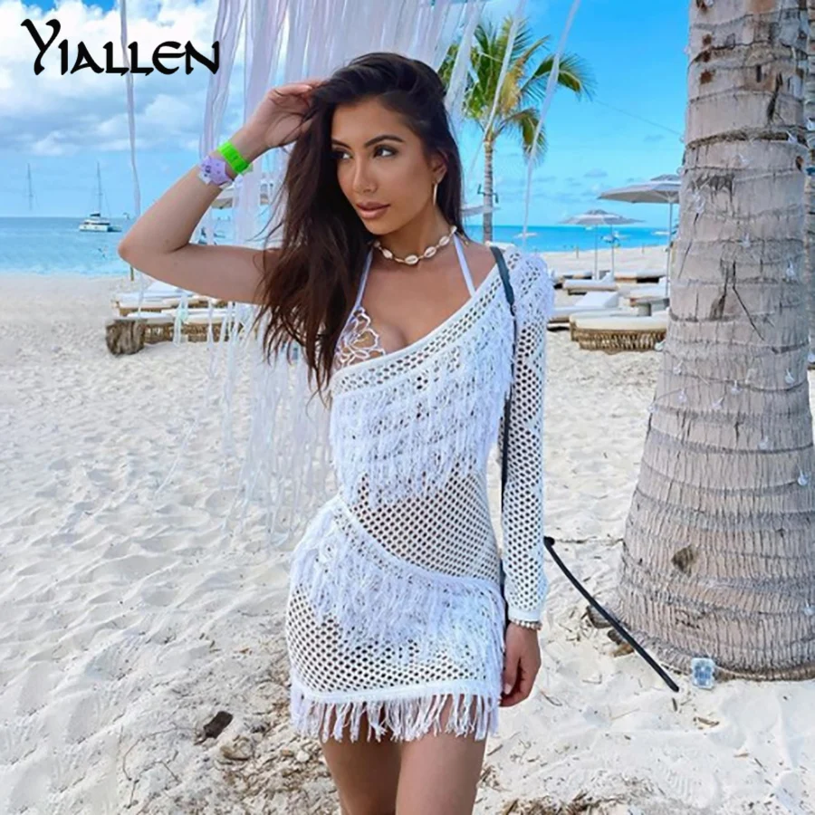 Yiallen Autumn New Fashion Sexy See Through One Shoulder Tassel Mini Bodycon Dress Women Y2K Streetwear Beach Club Night Dress