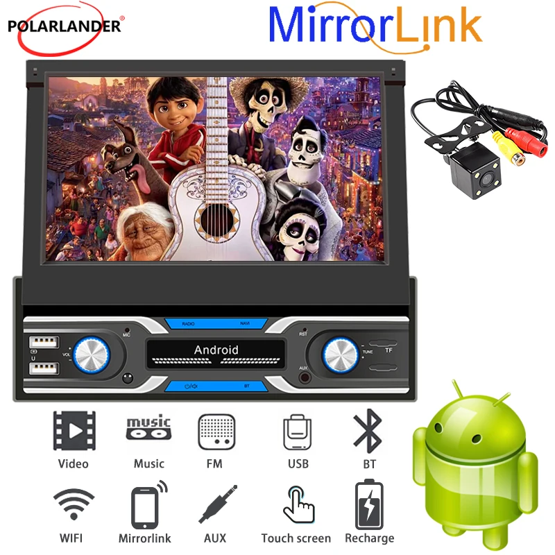 1DIN Android 9.0 Retractable Screen Car Radio FM USB Aux Dual screen display 12V 7-inch Bluetooth WiFi GPS DVR MP5 MirrorLink