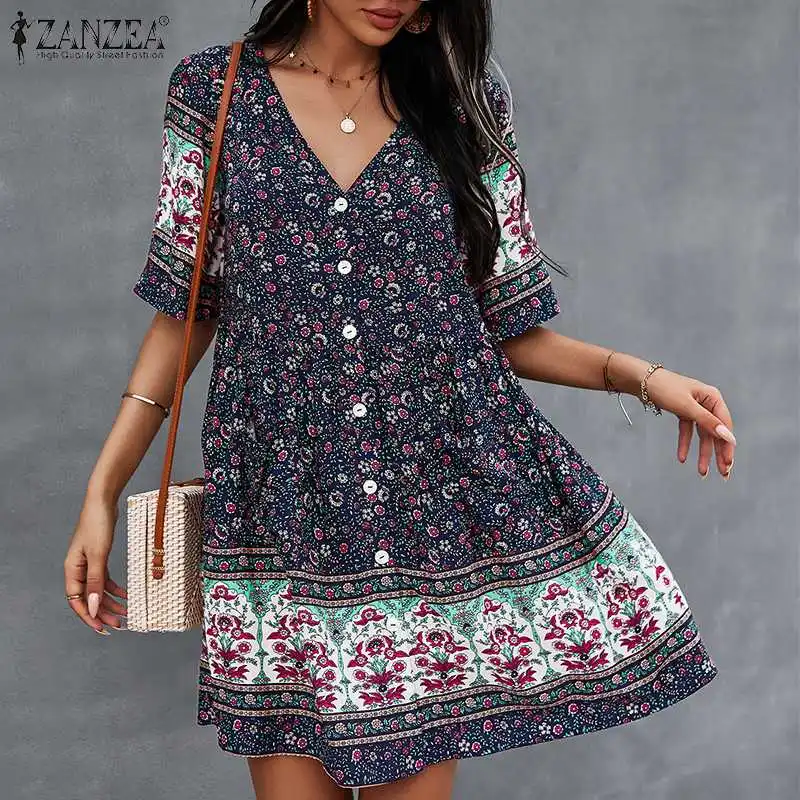 Ladies Holiday Button Vestidos Women Bohemian Printed  Sundress ZANZEA V Neck Mini Dress 2023 Summer Short Sleeve Floral Kaftan