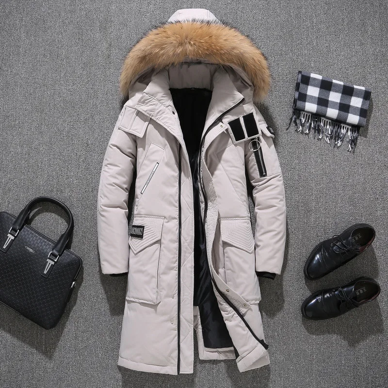 Chaqueta de invierno para hombre, abrigo grueso con capucha y cuello de piel, rompevientos, larga, para exteriores, de-30 grados