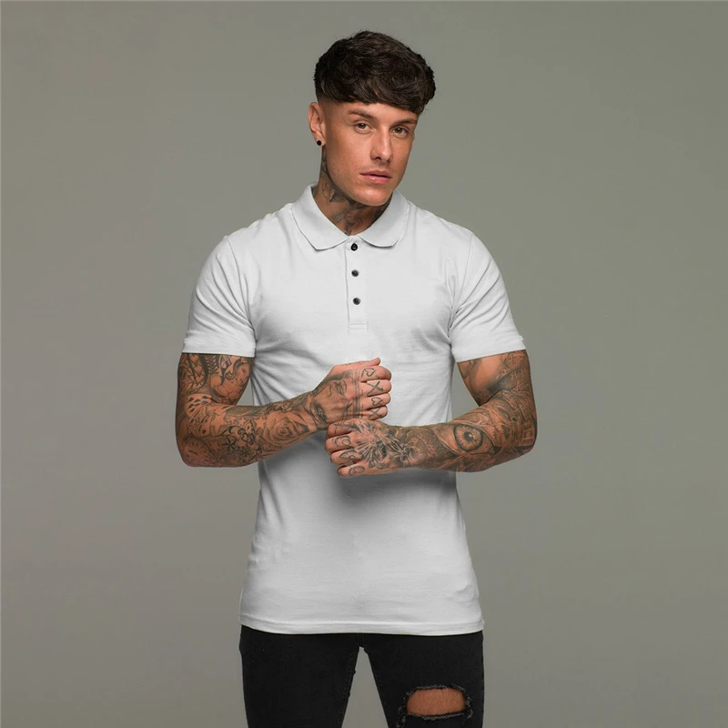 Polo-Shirts Slim-Fit Short Sleeve Leisure Casual Cotton Fashion Mens Brand Fitness Mens Summer Breathable Gym Sports Polo Shirt