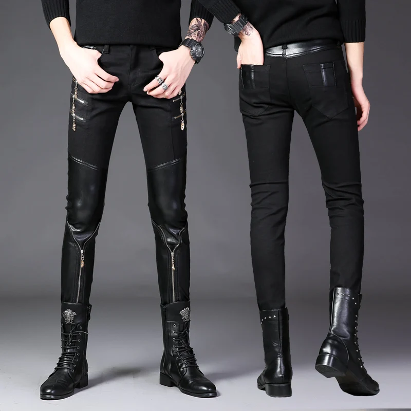 Men Black Biker Jeans Korean Fashion Slim Autumn Patchwork Zipper Hip Hop Streetwear Trousers Dance Gothic Punk Leather Pants