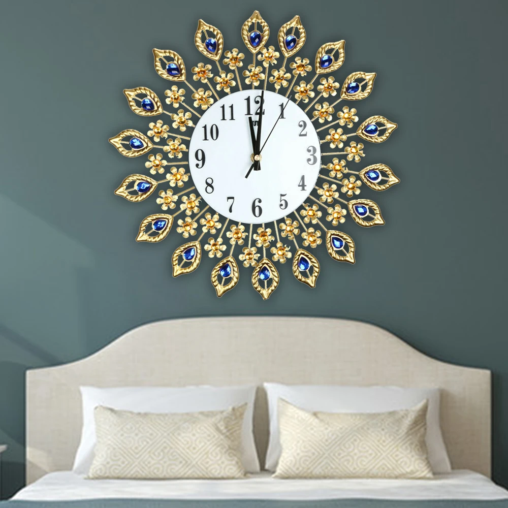 3D Wall Clock Iron Art Gold Diamonds Silent Decorative Unique Peacock Shape Modern Wall Clocks Home Decor Clock For Living Room