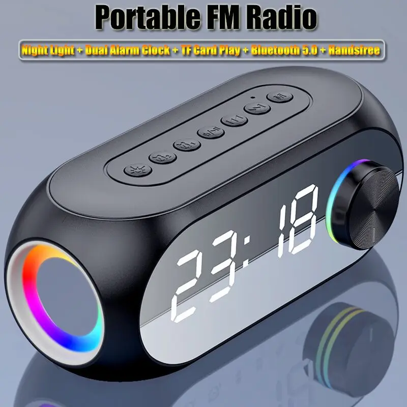 Receptor de Radio FM portátil, Altavoz Bluetooth, reproductor de música de sonido envolvente, luz LED nocturna con despertador, soporte de manos libres