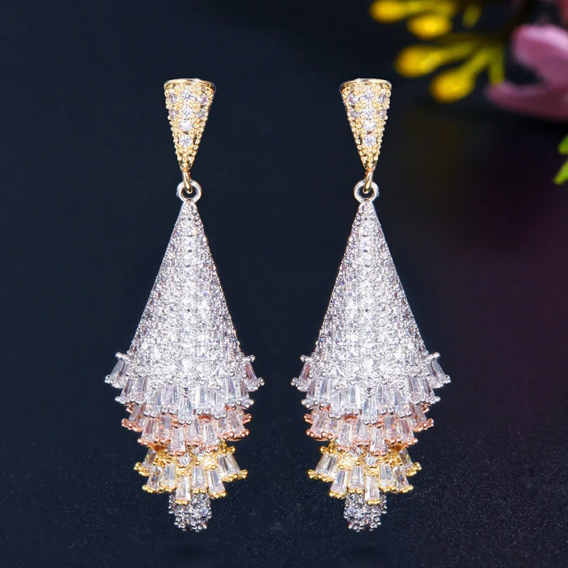 Colorful Mixing Gold Silver Color Cubic Zirconia Pave Geometric Drop Earrings Female Wedding Party Accessories Women Jewelry