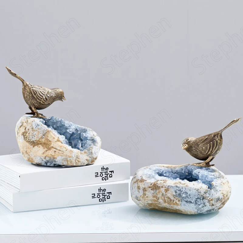 Creativity Brass Bird Decorations for Home European Modern Natural Crystal Rough Bird's Nest Ornaments Living Room Decoration