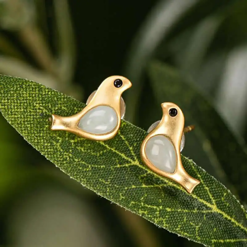 

Natural Green Jadeite Earrings S925 Silver Bird Stud Earrings For Women High Quality Earrings