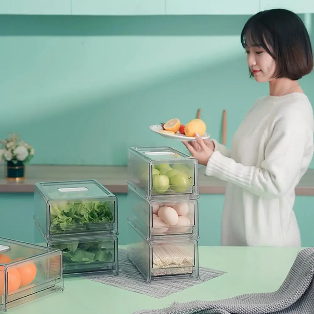 Refrigerator Fruits Organizer with Lid Vegetable Storage Box Sealed Stable Transparent Eggs Storage Box Drawer Rack Fruit Case