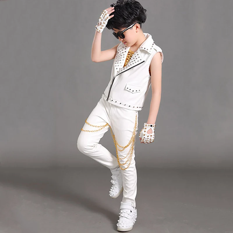 Boys Jazz Dance Costume Stud Leather Pants Jacket Gold Sequined Vest Children Singer Hiphop Stage Performance Costume DNV14066