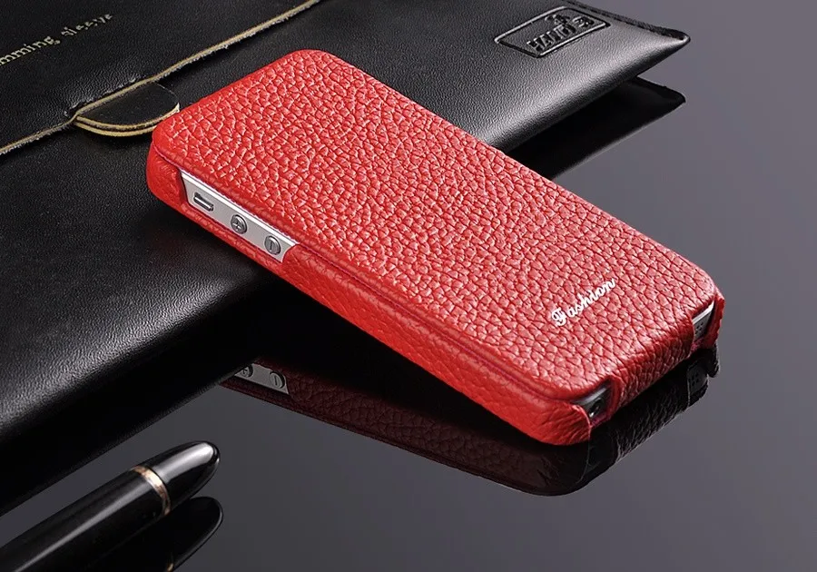 Vertical Flip Cover Case for iPhone 5, 5S, SE，100% Genuine Leather, Original Litchi Chinensis Grain, Top Quality, Fashion Brand