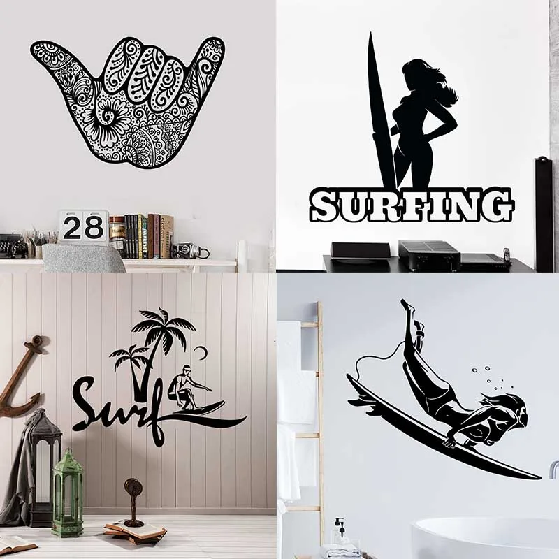 Surfing Surfboard Wall Stickers Windsurfer Posters Vacation Sun Beach Palm Island Vinyl Decal Extreme Water Sports Mural