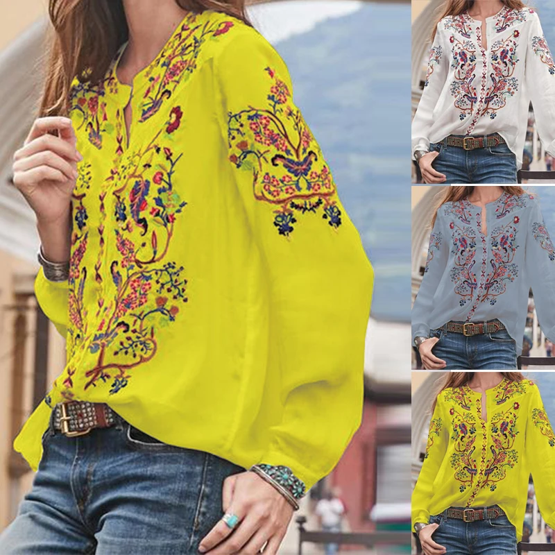 Bohemian Gedruckt Tops frauen Herbst Bluse ZANZEA 2023 Tunika Mode V-ausschnitt Langarm Shirts Weibliche Casual Blusas