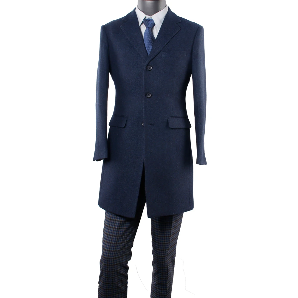 Custom Tailored Dark Blue Herringbone Tweed Woolen Coat Man Jacket Medium Long Winter Coats For Man Jackets For Man Overcoat