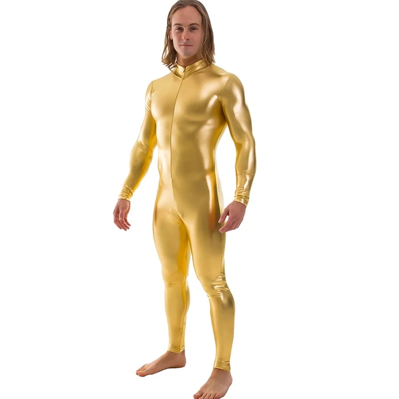 Shiny Metallic Zentai Bodysuit Men Long Sleeve Front Zip Unitard Costumes Ballroom Performer Clothes Nightclub Onstage Dancewear