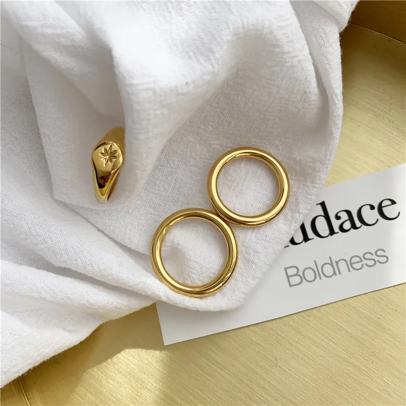 New Stainless Steel Engrave Starburst Signet Plain Round Stacker Rings for Women 18K Gold Plated Color  Ring Waterproof Jewelry