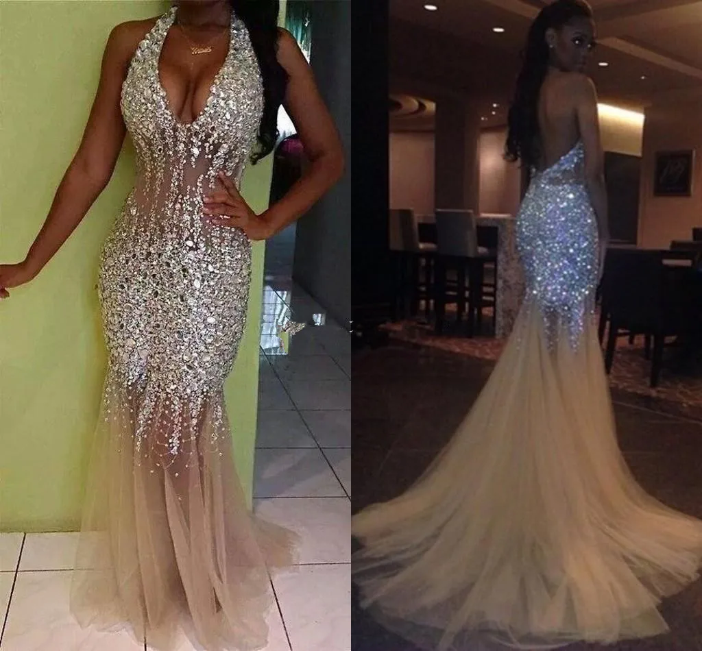 2021 Sexy Bling Meerjungfrau Prom Kleider Tiefem V-ausschnitt Halter Kristall Perlen Tüll Durchsichtig Backless Nude Abendkleider Pageant