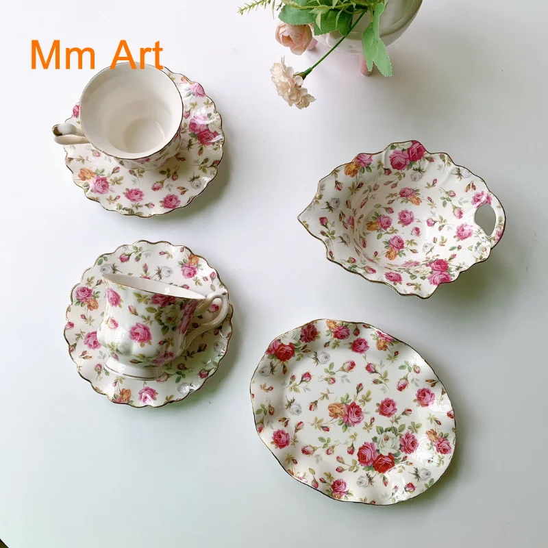 French Retro Flower Ceramic Coffee Set Set of Plate Cutlery Palace Style Cups and Saucers