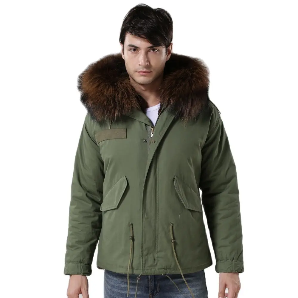 Meifng Short Parka With Coffee Brown Faux Fur For Men With Raccoon Fur Collar Winter Casual Overcoat