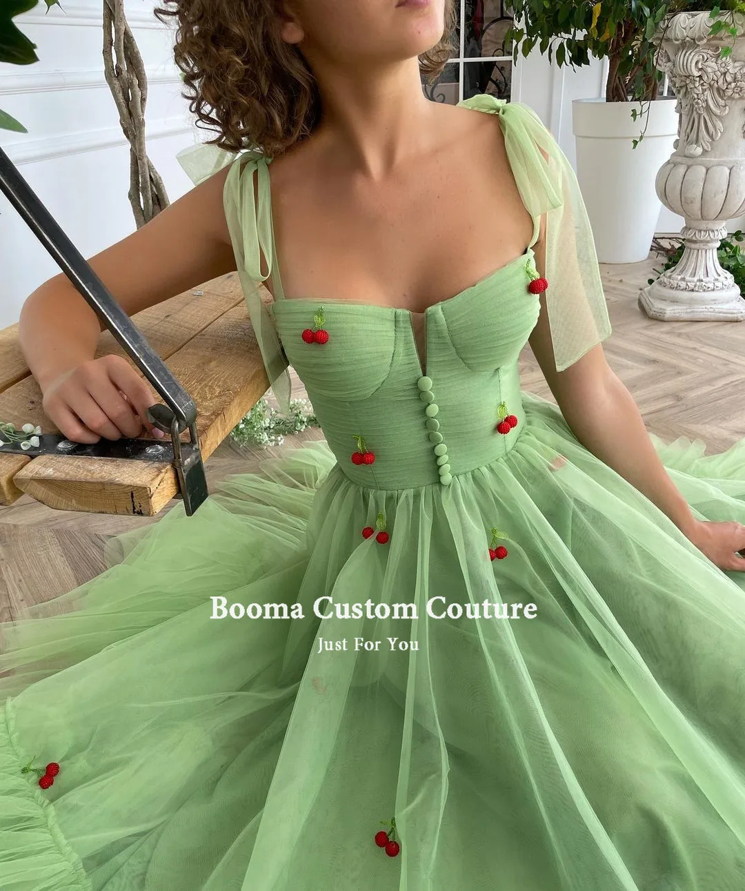 Booma Green Cherry Midi Prom Dresses Bow Straps Pockets Tea-Length Wedding Party Dresses Pleated Tulle A-Line Formal Gowns