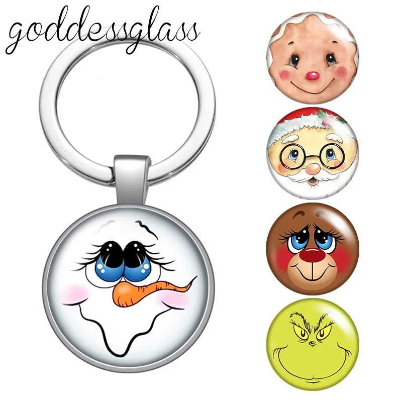 Christmas Snowman Santa Claus Bear penguin Face glass cabochon keychain Bag Car key chain Ring Holder Charms keychains gift