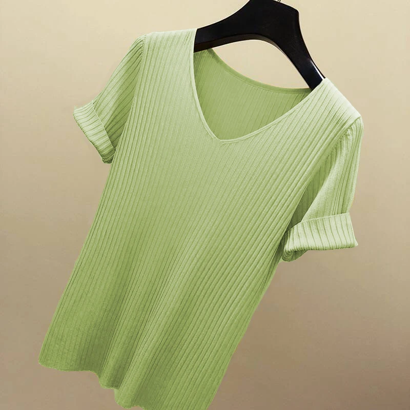 AOSSVIAO 2026 Basic V-Ausschnitt Einfarbiger Dünner Sommer Damen Pullover Weiblicher Dünner Gerippter Strickpullover Schlanker Kurzarm Bodycon Pullover – Detail 12