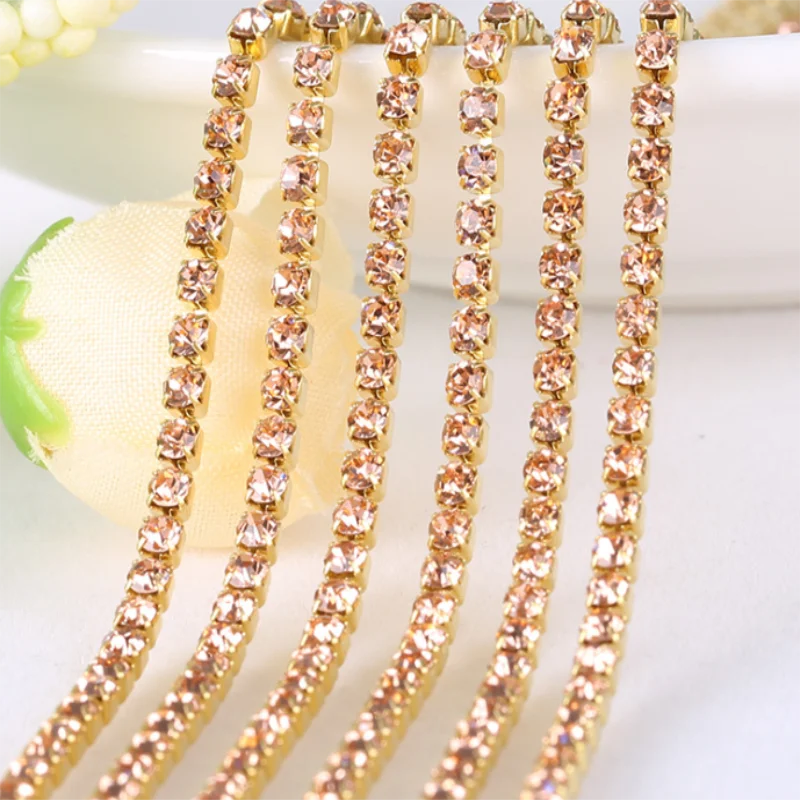 All colours 10Yards  DIY Rhinestone Chain Dense Gold bottom sewing Rhinestones for clothing Art Decoration