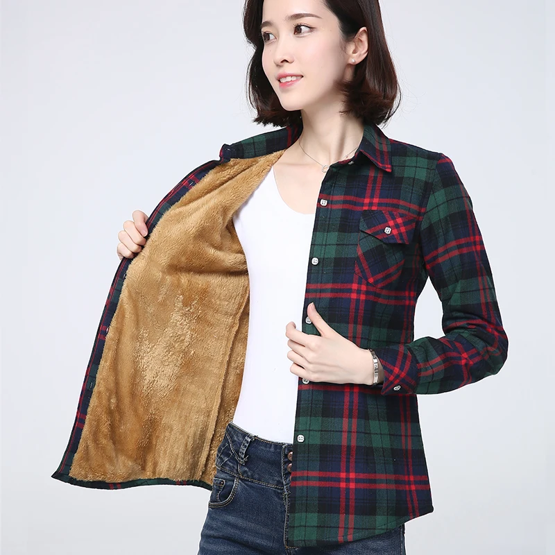 2022 Winter Warm Plaid Coat Women Plus Velvet Thicke Shirt Style Jacket Brand Casual Woman Fleece Tops Female Clothes Outerwear