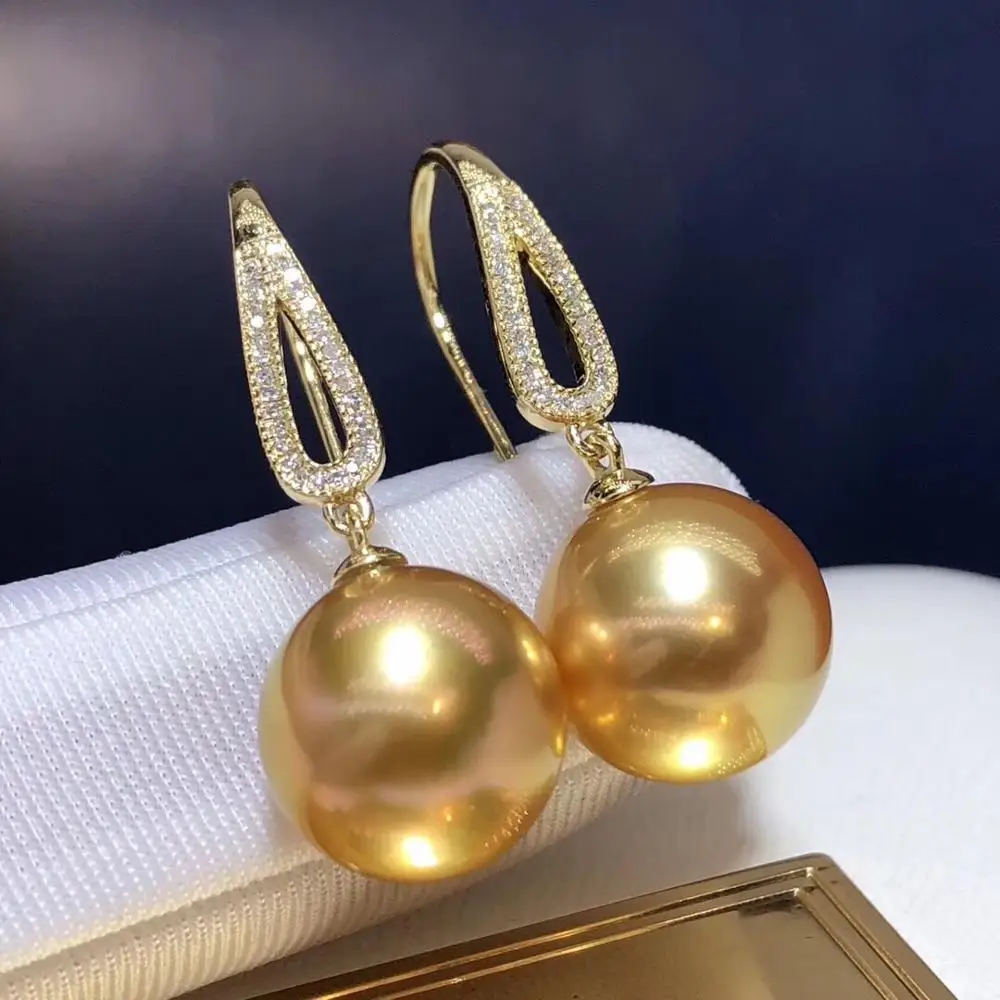 Fine Jewelry Pure 18 K Yellow Gold Natural Philippine 11-12mm Ocean Golden Round Pearl Earrings for Women Fine Pearl Earrings