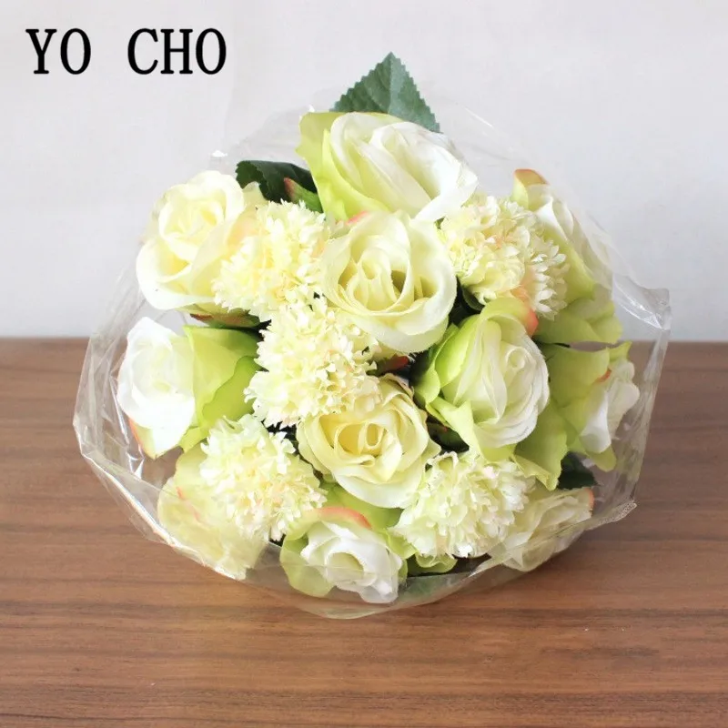 YO CHO-ramo de flores artificiales de clavel de rosa de seda, decoración de fiesta de boda, bricolaje, flor falsa, álbum de recortes, artesanía, 16 piezas