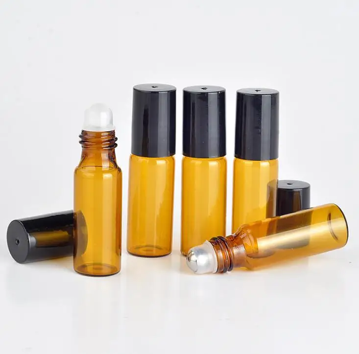 

500pcs Refillable 5ml Thick ROLL ON GLASS Bottles ESSENTIAL OIL Roller ball fragrance Perfume bottle with plastic black cap SN