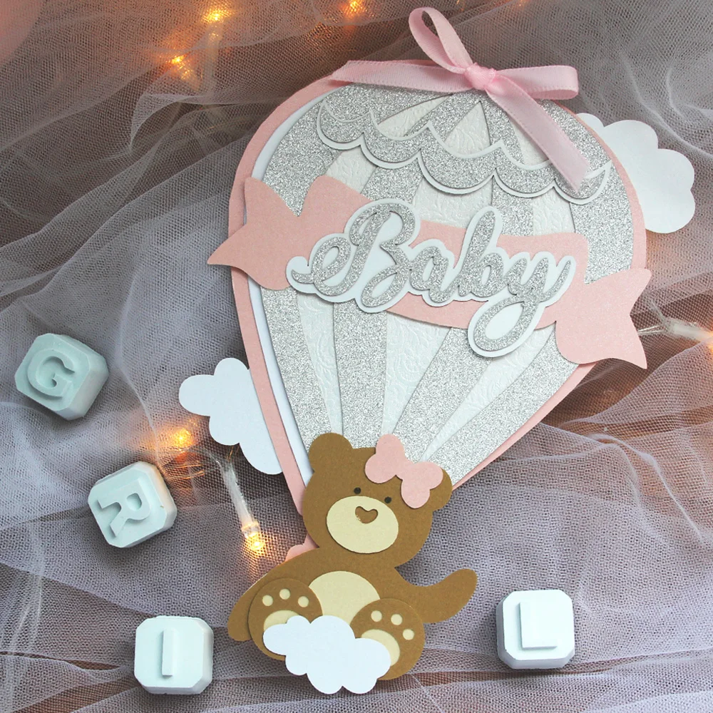 5-delige teddybeer uitnodiging, heteluchtballon, handgemaakte babyshower