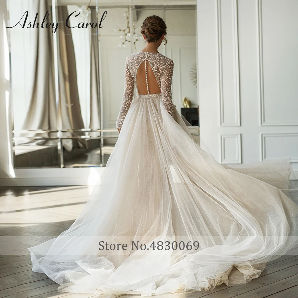90s dress attire Unique Bateau Illusion Long Sleeve Luxury Lace Mermaid Wedding Dress B –  SQOSA main image 0