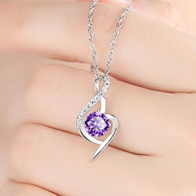 Fashion Crystal Purple Heart Pendant Women Choker Necklaces Jewelry Female Trendy Silver 925 Lady Clavicle Necklaces Female Gift