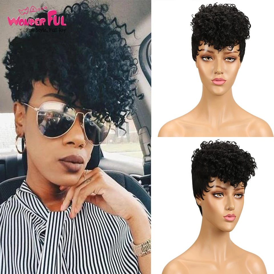 

Wonderful Short Pixie Cut Fumi Curly Human Hair Wigs Brazilian Curly Remy Hair Bob Wig For Black Women Full Machine Made Wigs