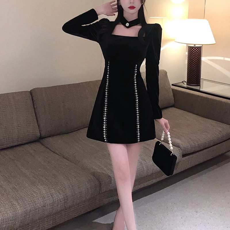 Sexy Schwarz Samt Mini Kleid Frauen Elegante Aushöhlen Diamant Abend Party Kleid Vintage Beiläufige Dünne Gothic Einteiliges Kleid y2K