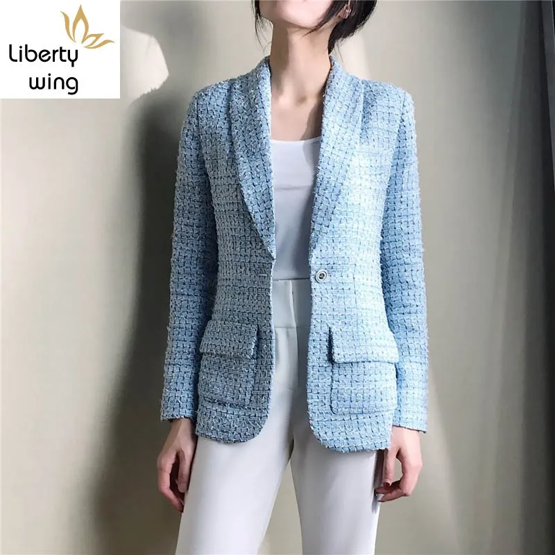 2020 Spring Womens Blaze Tweed Blue Plaid Slim Tailoring Professional Woman Thin Coat High-end Silk Lining Top Blazers Jacket