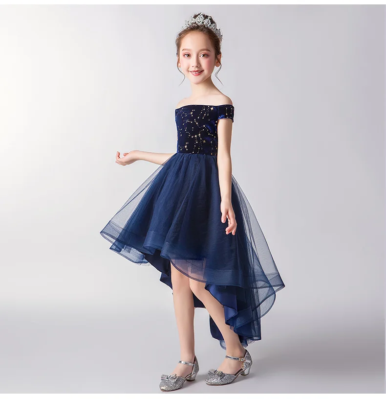 Elegant Dark Blue Lace Beads Girl Party Dress Off Shoulder First Communion Gown Girl Pageant Gown Flower Girl Dress for Weddings