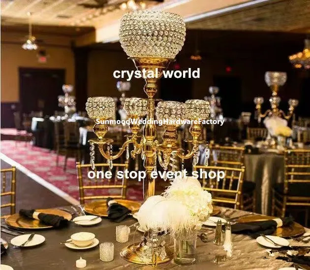 

New romantic luxury style 5 arms gold crystal tall candelabras for wedding centerpiece senyu01040