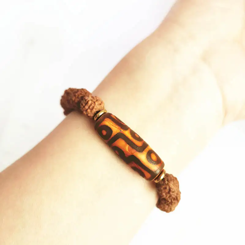 Tibetan Dzi with Rudraksha Bracelet Natural Bodhi Beads Beaded Stretch Nine Eye Dzi BB-137