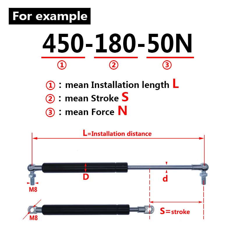 18*8 Rod Gas spring folding hinge 50N-500N/5kg-50kg Force lift support Hole Center Distance 450mm stroke distance 180mm image 4