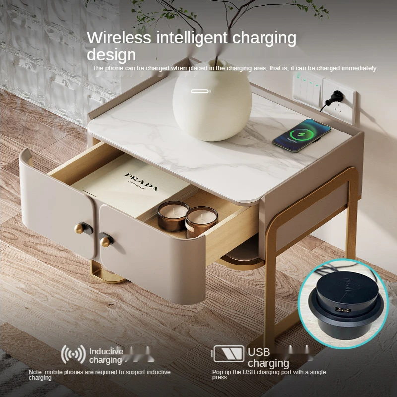 Smart Wireless Charging Bedside Table Modern Simple Small Bedroom Storage Cabinet with Light Multifunctional Bedside Cabinet