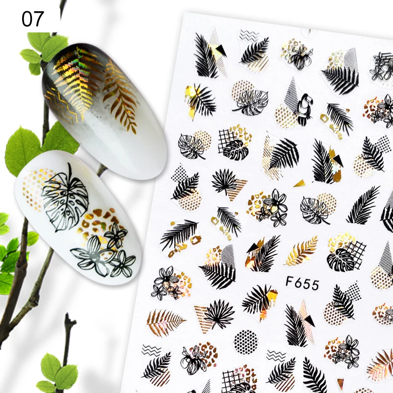 1PC Gold Black Bronzing Leaves Tree 3D Nail Sticker Iridescent Geometrics Lines Adhesive Transfer Sticker DIY Nail Decoration